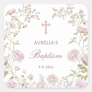 Sticker Carré Cadre floral rose Baptême