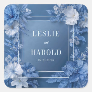 Sticker Carré Cadre Moderne Floral Sculptural Bleu Saphir