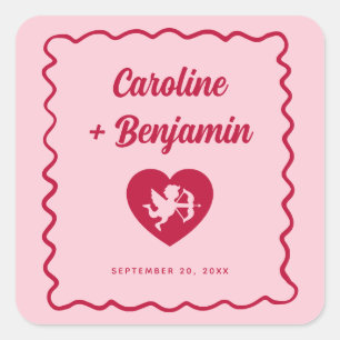 Sticker Carré Cadre ondulé rétro rouge rose Cupidon cœur mariage
