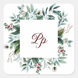 Sticker Carré Cadre personnalisable monogramme branche de baies 