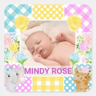 Sticker Carré Cadre photo Floral & Plaid Nouveau-né