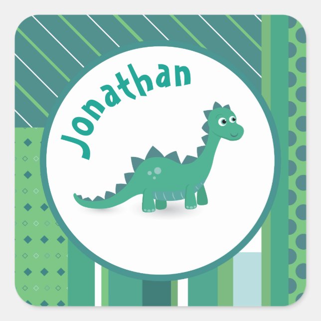 Sticker Carré Cadre rond en vert/bleu avec dinosaure mignon (Devant)