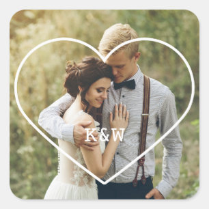 Sticker Carré Cadres de coeur doux Monogramme Mariage Photo