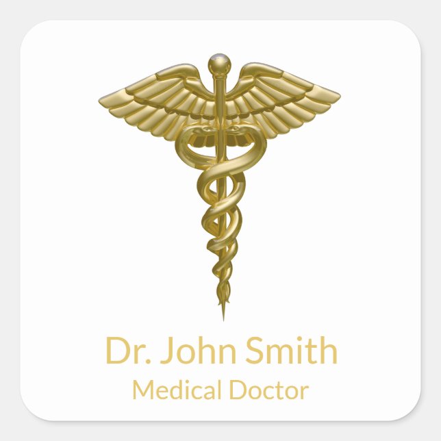 Sticker Carré Caducée d'or Médicale sur blanc (Devant)