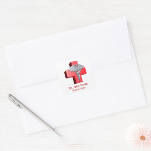Sticker Carré Caduceus 3D Médicale Croix Rouge Argent