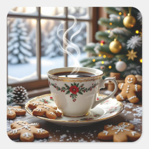 Sticker Carré Café chaud et pain d'épices Cookies Noël