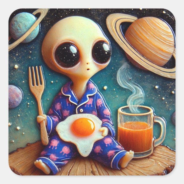 Sticker Carré Café et oeufs Aliens (Devant)