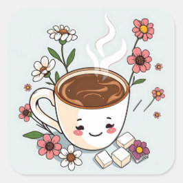 Sticker Carré Café mignon et fleurs capricieux