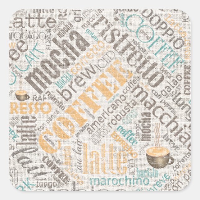 Sticker Carré Café sur Burlap Word Cloud Turquoise ID283 (Devant)