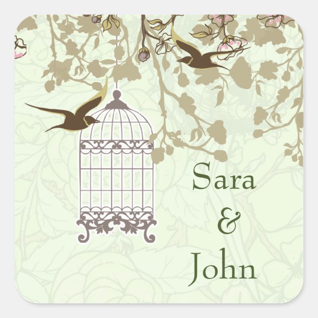 Sticker Carré cage d'oiseau vert fleuri, enveloppe inséparable s (Devant)