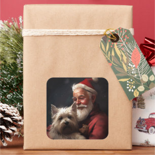 Sticker Carré Cairn Terrier avec le Père Noël Festif Noël