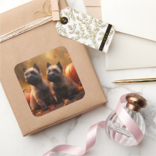 Sticker Carré Cairn Terrier Chiot Automne Citrouille de plaisir