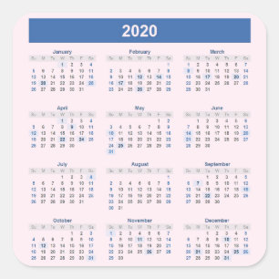 Sticker Carré Calendrier annuel 2020 sur rose pâle