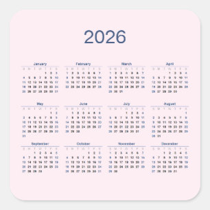 Sticker Carré Calendrier annuel 2026 sur fond rose pâle