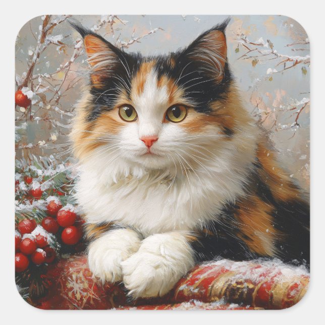 Sticker Carré Calico Cat Peinture de la scène d'hiver (Devant)