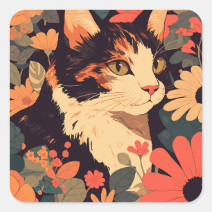 Sticker Carré Calico Chat avec Fleurs Japonais Esthétique