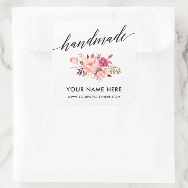 Sticker Carré Calligraphie artisanale Pink Floral Petit (Sac)