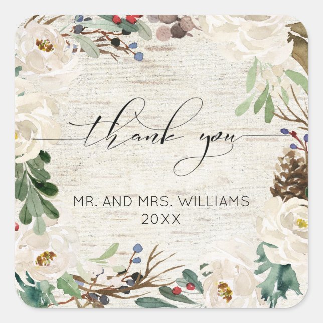 Sticker Carré Calligraphie des bouleaux d'hiver Merci Mariage fl (Devant)
