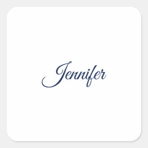 Sticker Carré Calligraphie Élégant Bleu Blanc Simple Nom