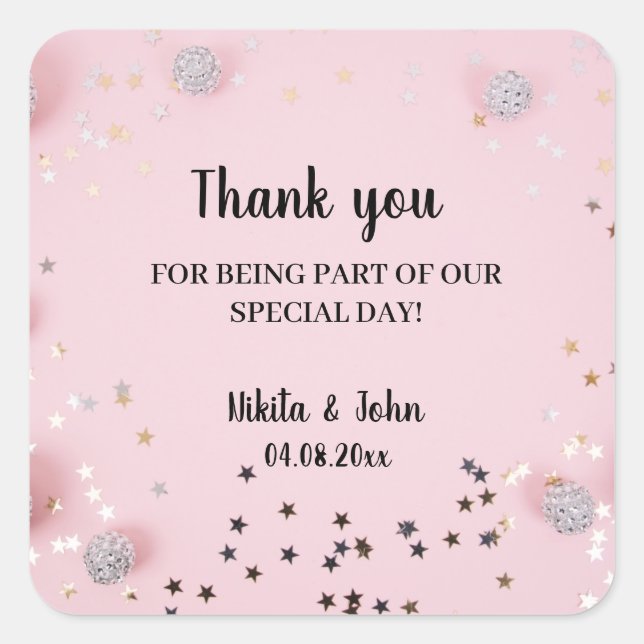 Sticker Carré Calligraphie minimale rose couple mariage merci (Devant)