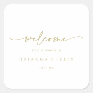 Sticker Carré Calligraphie Moderne Elegant Mariage Or Bienvenue