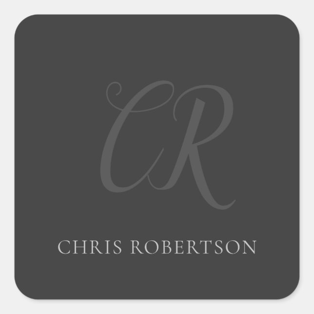Sticker Carré Calligraphie Monogramme Nom Black Grey Cadeau pers (Devant)