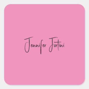 Sticker Carré Calligraphie Nom Élégant Pink Plain Simple