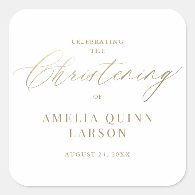 Sticker Carré Calligraphie Or Simple Elegant Script Christening (Devant)