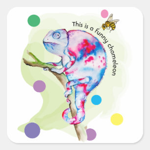 Sticker Carré Caméléon d'aquarelle et abeille colorés.