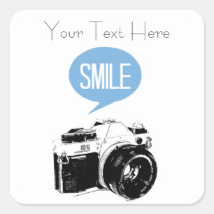 Sticker Carré Caméra vintage, Balloon Smile Text, Photographe