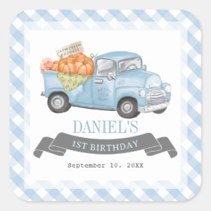 Sticker Carré Camion Citrouille bleu En vichy Garçon 1er anniver