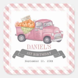 Sticker Carré Camion Citrouille rose En vichy Fille 1er annivers