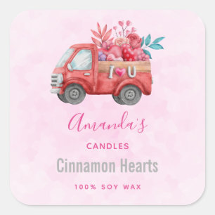 Sticker Carré Camion d'amour mignon avec Coeurs et Fleurs Bougie