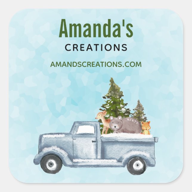 Sticker Carré Camion de Noël avec de mignons animaux d'affaires (Devant)