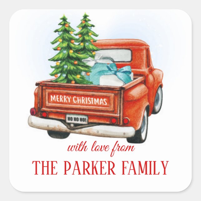 Sticker Carré Camion de Noël branché avec arbre de Noël (Devant)