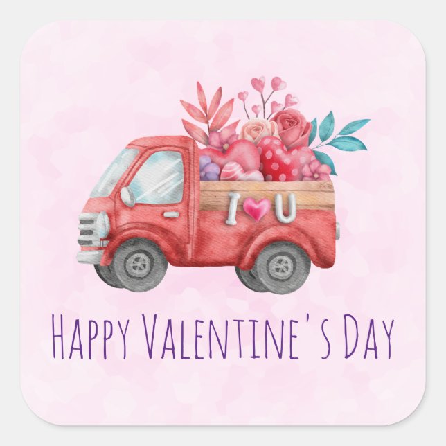 Sticker Carré Camion mignon Love portant des bonbons Valentine (Devant)
