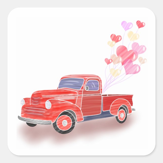 Sticker Carré Camion rouge classique de Saint-Valentin avec ball (Devant)
