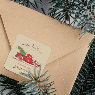 Sticker Carré Camionnette Rouge Rustique Arbre Personnalisé