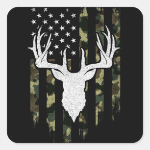 Sticker Carré Camo Us Drapeau Cerf Elk Buck Camoflage Chasse