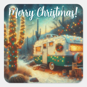 Sticker Carré Camper vintage Saguaro Cactus Noël bleu vert