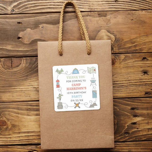 Sticker Carré Camping Anniversaire Merci de fête (Créateur téléchargé)