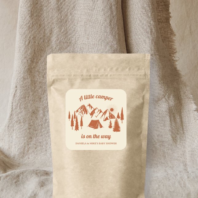 Sticker Carré Camping Baby shower Petit Camper Bois (Camping Baby Shower Little Camper Woodland Square Sticker)
