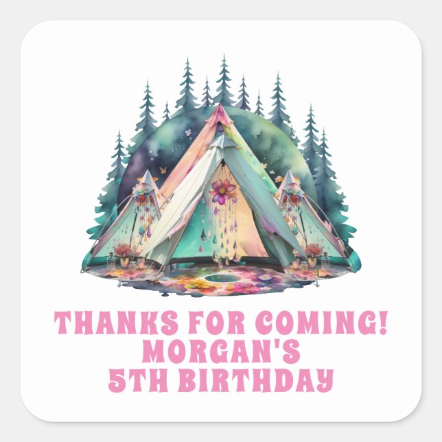 Sticker Carré Camping Sleepover Anniversaire Fête Favoriser (Devant)