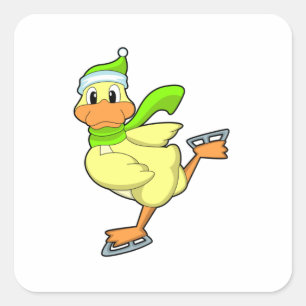 Sticker Carré Canard au patinage sur glace avec patins sur glace