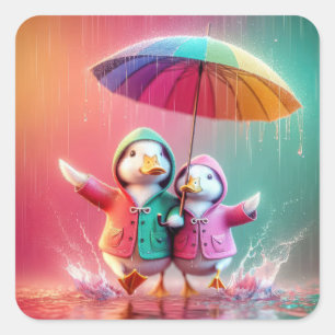 Sticker Carré Canards Blancs Marchant Dans La Pluie