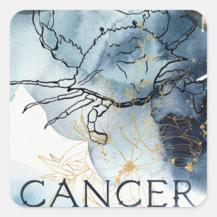 Sticker Carré Cancer crabe zodiaque bleu noir planètes en or noi