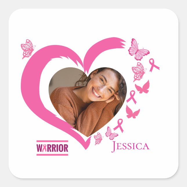 Sticker Carré Cancer du sein moderne Personnalisé Coeur Nom phot (Devant)