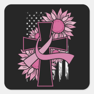 Sticker Carré Cancer du sein Tournesol rose Ruban Croix Foi