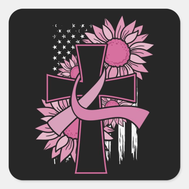 Sticker Carré Cancer du sein Tournesol rose Ruban Croix Foi (Devant)