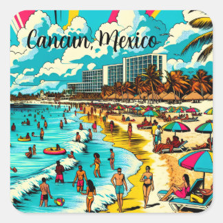 Sticker Carré Cancun, Mexique avec une Vibe pop art